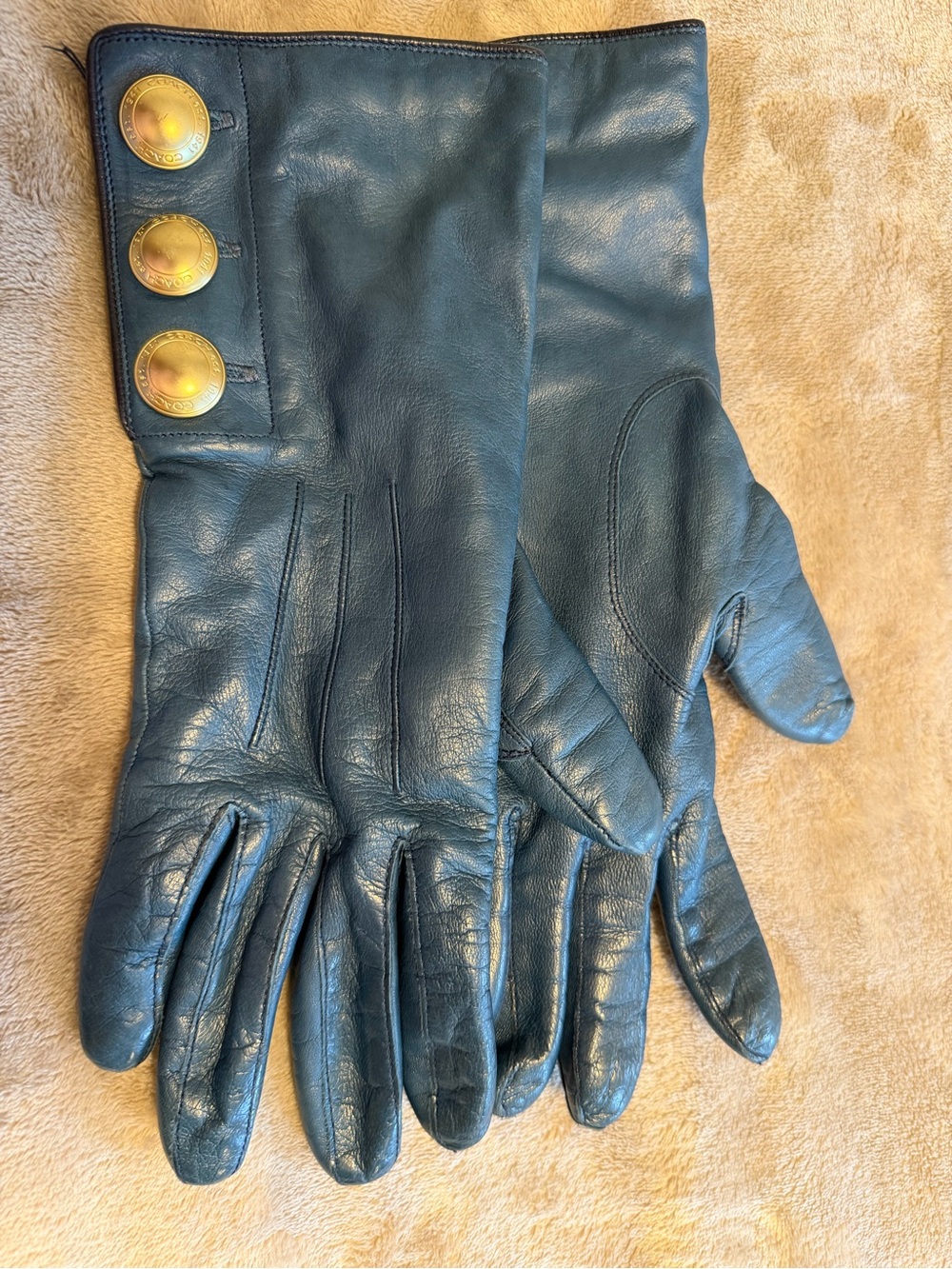 Coach Teal Leather Gloves with Gold Button Details